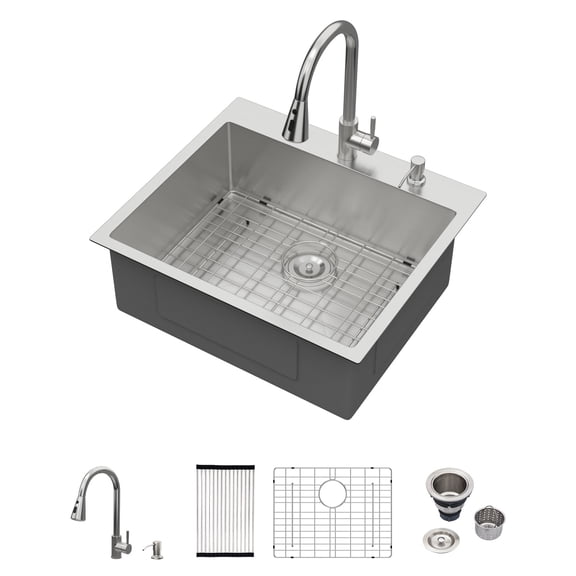 25" Drop-In Single Bowl 16-Gauge Stainless Steel Kitchen Sink with Faucet and Bottom Grid