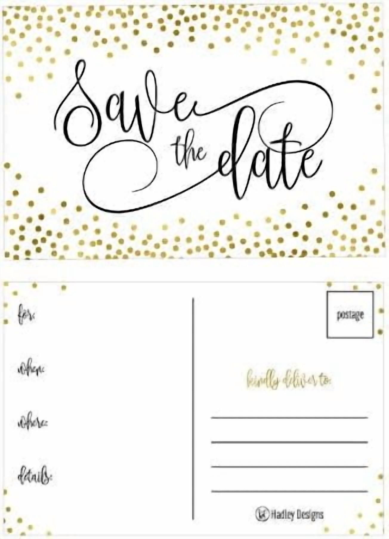 25 Elegant Gold Dots Save The Date Postcards For Wedding, Engagement,  Anniversary, Baby Shower, Birthday Party Invitations Simple Black and White  ..., image size:1304x1808