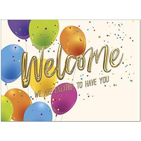 25 Employee Welcome Cards - Fun Balloon Design with Gold Glitter Foil Embossing - 26 White Envelopes - FSC Mix
