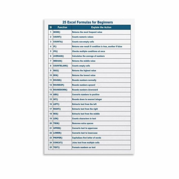 25 Excel Formulas for Beginners Cheat Sheet Functions Poster Canvas Painting Wall Art