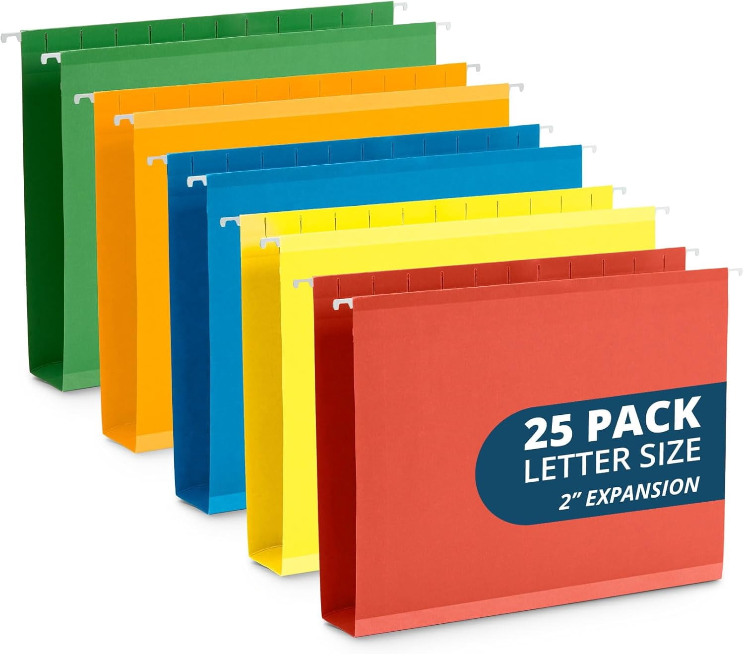 25 Extra Capacity Hanging File Folders Letter Size 2 Inch Expansion, Expanding Hanging File Folders, Wide, Expandable, Reinforced 12pt Paper, Assorted Colors