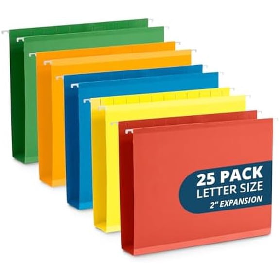 25 Extra Capacity Hanging File Folders Letter Size 2 Inch Expansion, Expanding Hanging File Folders, Wide, Expandable, Reinforced 12pt Paper, Assorted Colors