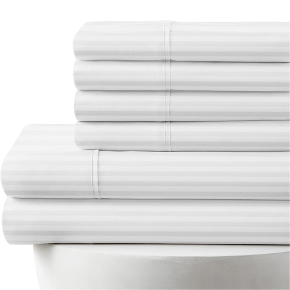 25" Extra Deep Pockets 1000-Thread-Count, 100% Egyptian Cotton, 7-PC Sheet Set [1 Flat, 2 Fitted, 4 Pillowcases] 1000-TC Soft Long Staple Cotton - Split King Size, White Stripe Color