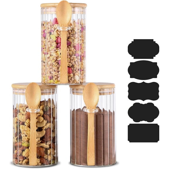 25 FL OZ Airtight Glass Jars with Bamboo Spoons Lids Overnight Oats Container Decorative Coffee Bar Food Storage Jar Cereal Nuts Salts Coffee Tea Flour Sugar Container Spice Jars