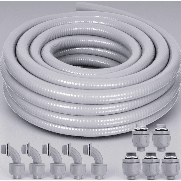 25 FT 3/4 Inch Non-Metallic Liquid Tight Flexible Conduit with 5 Straight and 5 Angle Fittings for Outdoor Electrical