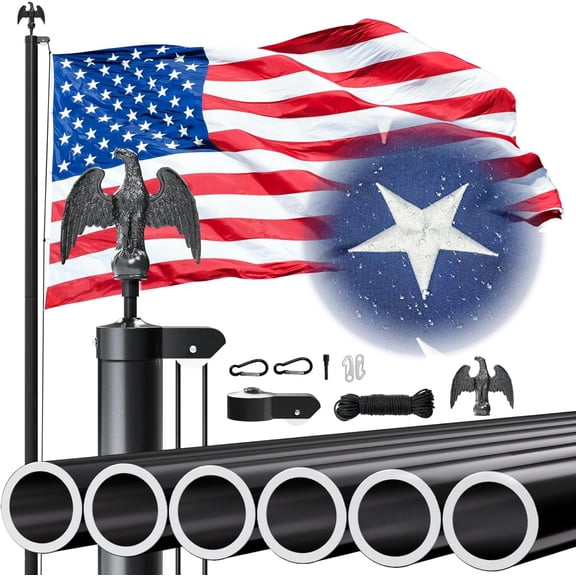 25 FT Heavy Duty for Outside House,12 Gauge Extra Thick Aluminum Flagpole with 3x5 American Flag Outdoor,Inground Pole Kit for Residential Commercial (Black-25FT)
