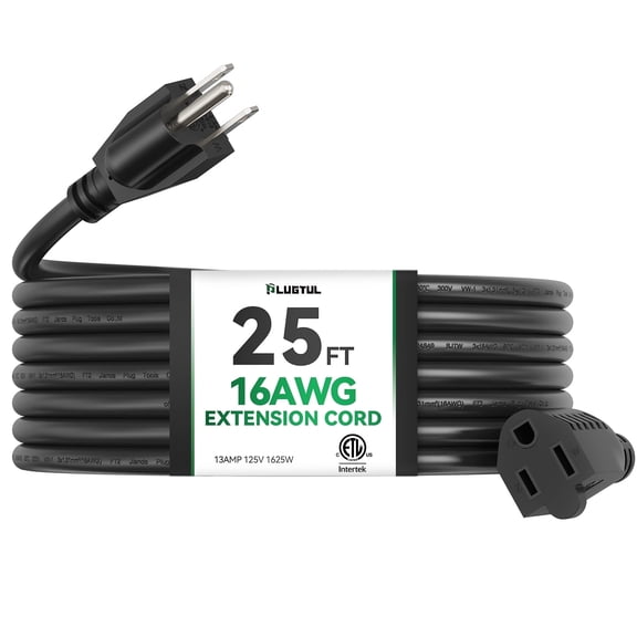 PLUGTUL 25 FT Outdoor Extension Cord, 16 Gauge 3 Prong Extension Cord Black, Indoor Outdoor Use, SJTW, ETL Listed