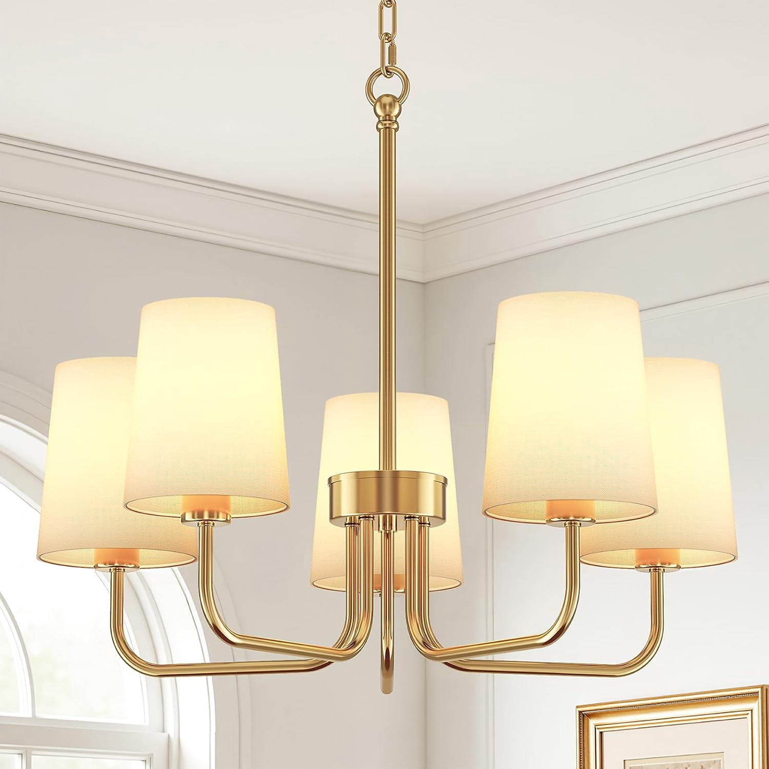 25" Farmhouse Chandelier with Fabric Shade,5-Light Chandelier Lighting Fixture for  Kitchen, Dining Room，Gold