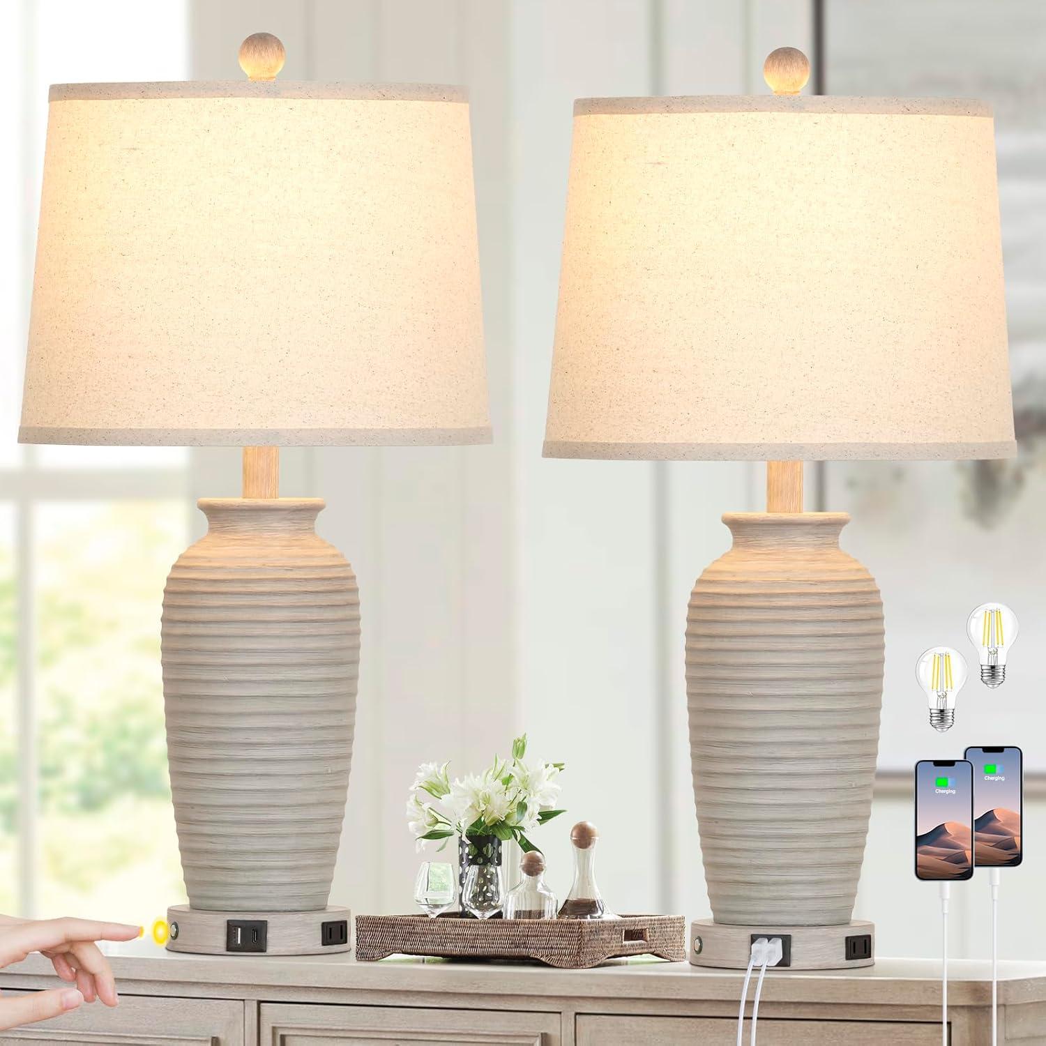 25'' Retro Black Farmhouse Table Lamps Set Of 2 – 3-Way Touch Control Bedside Lamps With USB-A+C Ports & AC Outlet, LED Bulbs Included