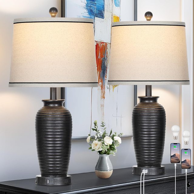 25" Farmhouse Jar Table Lamps Set of 2, Rustic Bedside Lamps with USB A