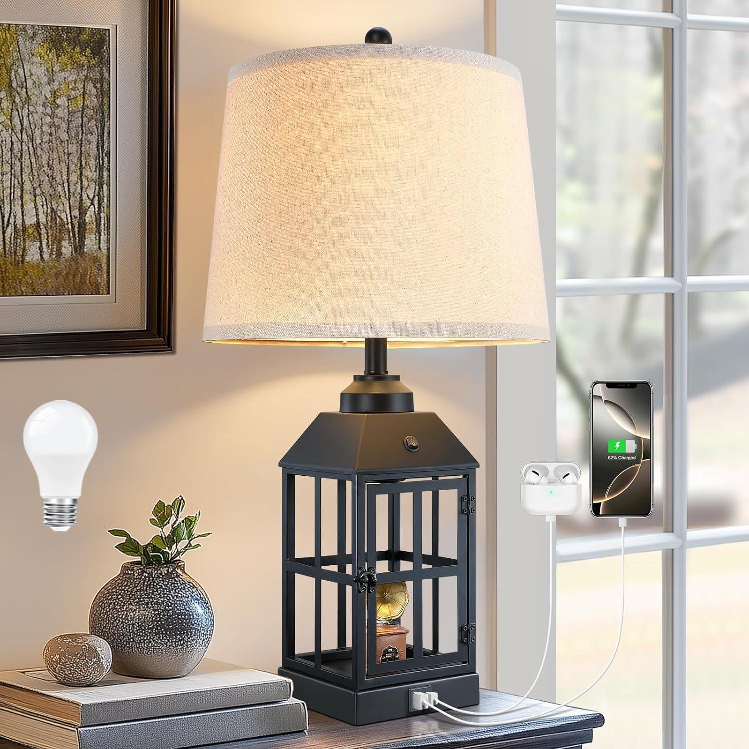 25" Farmhouse Table Lamp for Living Room, Black Lamp with USB Port and ...