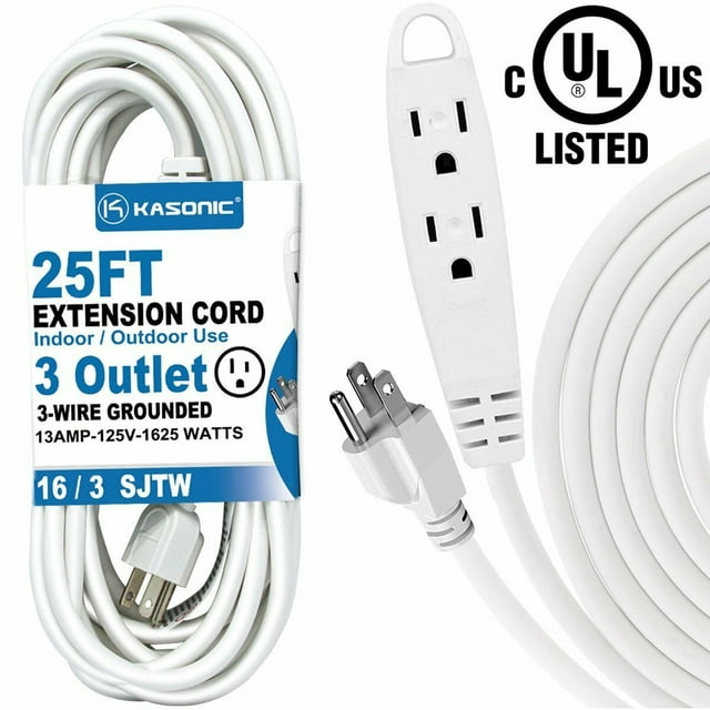 25Feet 3 Outlet Extension Cord, Power Strip UL Listed for Indoor
