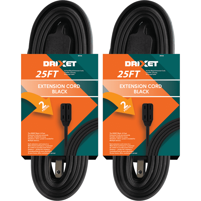 25 Feet Black Extension Cord, 3 Outlet, 2 Prong, 16 Gauge Cable, 3 ...