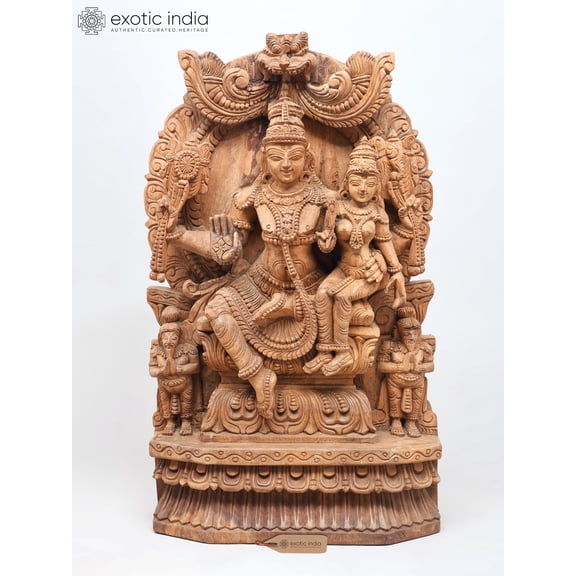 25'' Finely Carved Shiva Parvati Seated Together | Wood Carved Statue