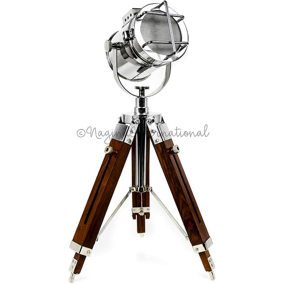25" Floor Flamp Spotlight (Nickel Polished Head) With Wooden Tripod