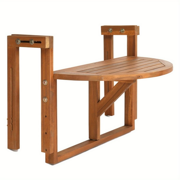25" Folding Acacia Wood Patio Table – Hangable Square/Semi-Round Design with Shelf – Weather-Resistant for Deck, Balcony & Garden