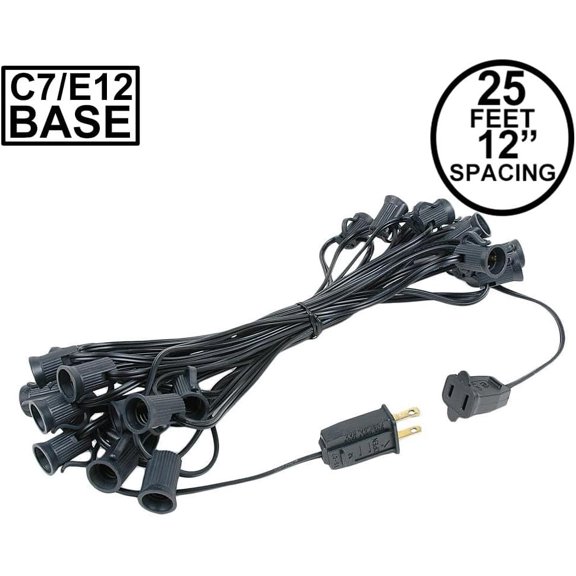 25 Foot C7 Outdoor String Light Christmas Stringer - Patio String Lights - Candelabra Base (C7/E12) - 12" Spacing - Black Wire