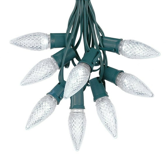 25 Foot C9 LED Outdoor Lighting Patio Christmas String Light Set, Pure White, Green Wire, 25 Bulbs