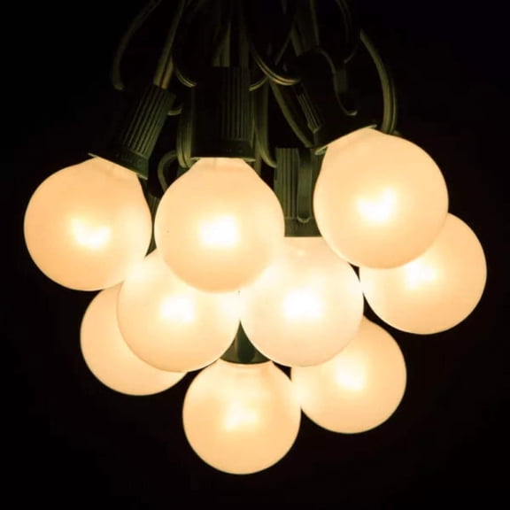 25 Foot G40 White Satin Pearl String Lights with Green Wire
