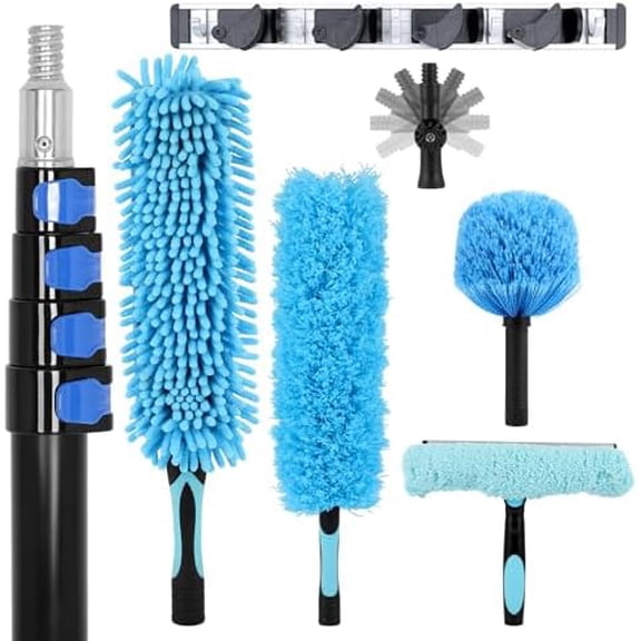25 Foot High Ceiling Fan Duster, Heavy Duty High Reach Duster Kit for Cleaning, Spider Web Brush, Washable Dust Brush for High Roof and Glass Surfaces (with 5-18ft Extension Pole)
