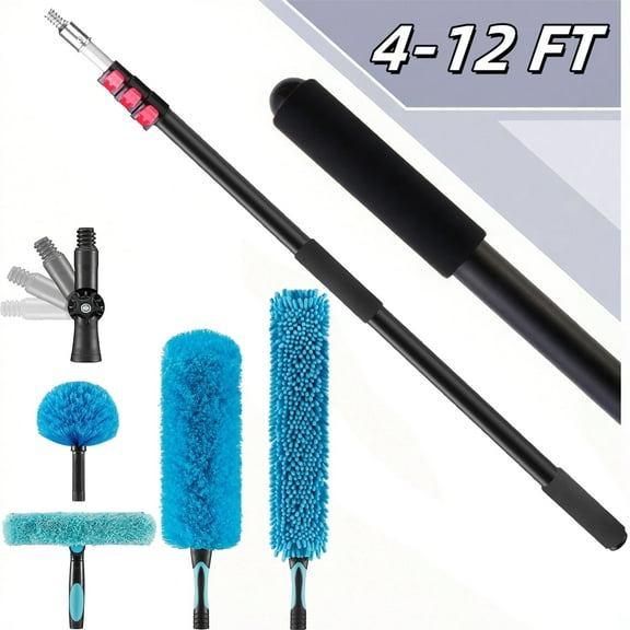 25 Foot High Ceiling Fan Duster with 4-12 Foot Extension Pole, Extendable Reusable Cobweb, Feather, Window Cleaning Squeegee Kit