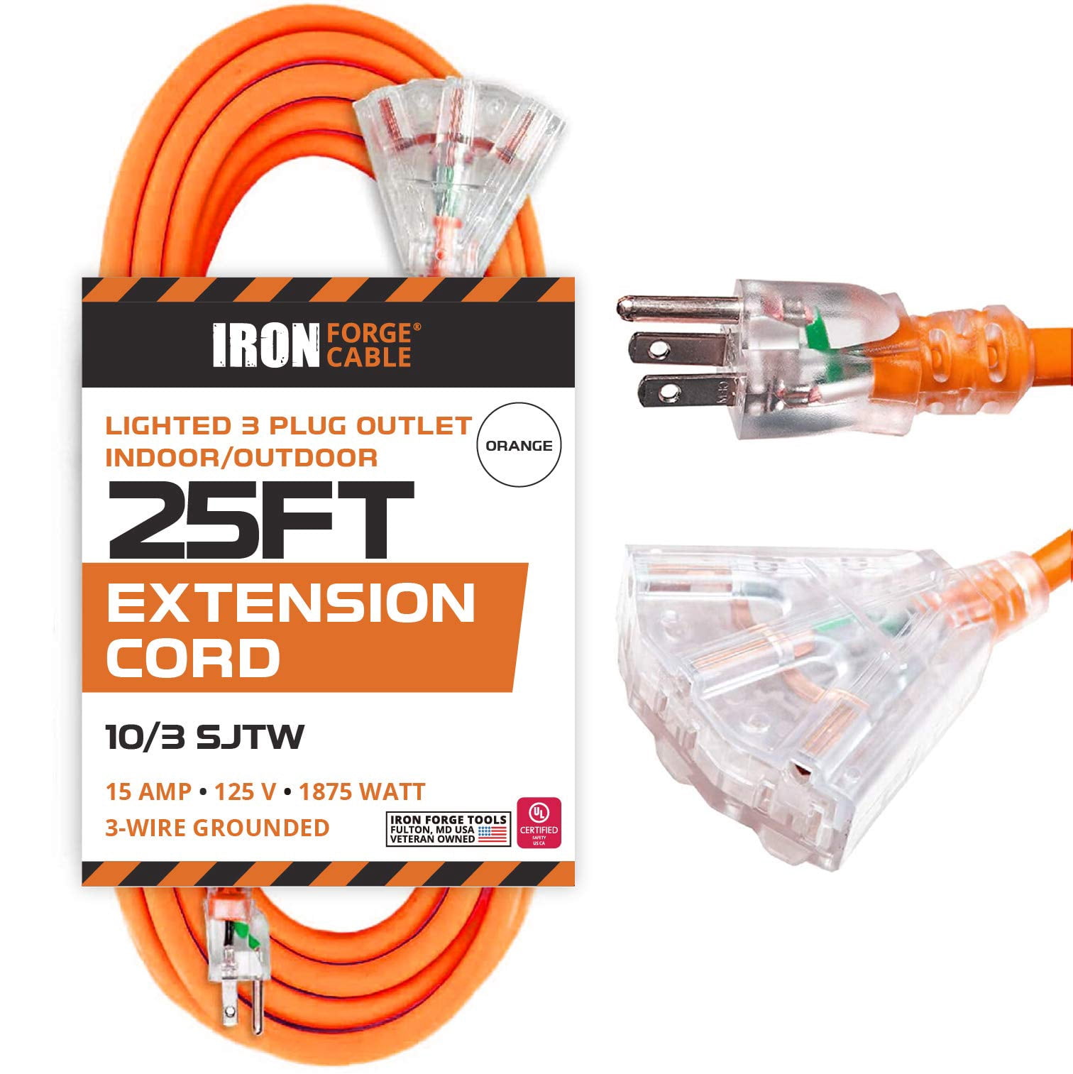 Iron Forge Cable 10 Gauge 25ft Lighted Outdoor Heavy Duty Extension Cord with 3 Outlets - 15 Amp 10/3 SJTW Orange Extension Cord with Multiple Outlets