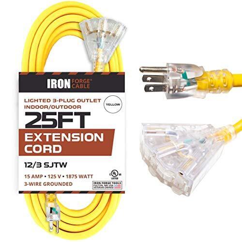 25 Foot Lighted Outdoor Extension Cord with 3 Electrical Power Outlets
