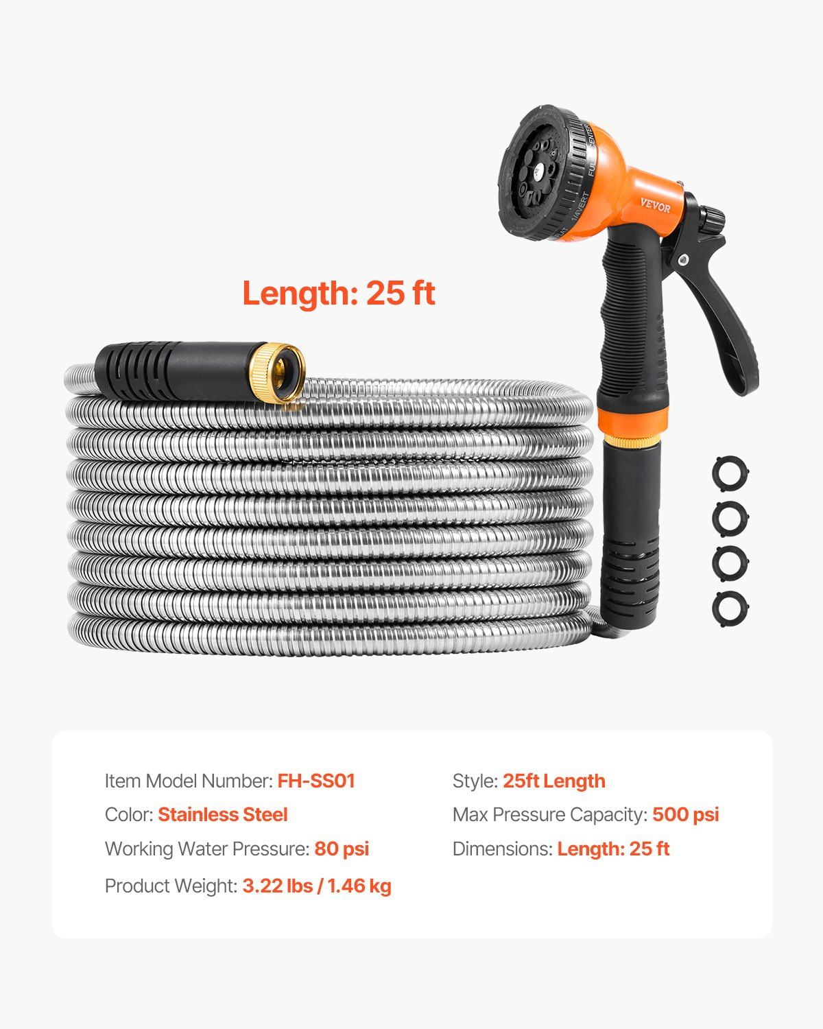 25 Foot Stainless Steel Water Pipe - 10 Pattern Spray Nozzle, Anti-Kink Metal Hose, Corrosion Resistant for Garden & Yard