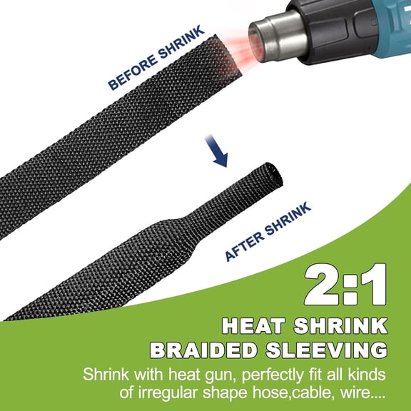 25 Ft 1/2" 2:1 Heat Shrink Wire Loom, Braided Cable Sleeve, Heat Resistant Fabric Tubing for Automotive Wiring Harness & Cable Management