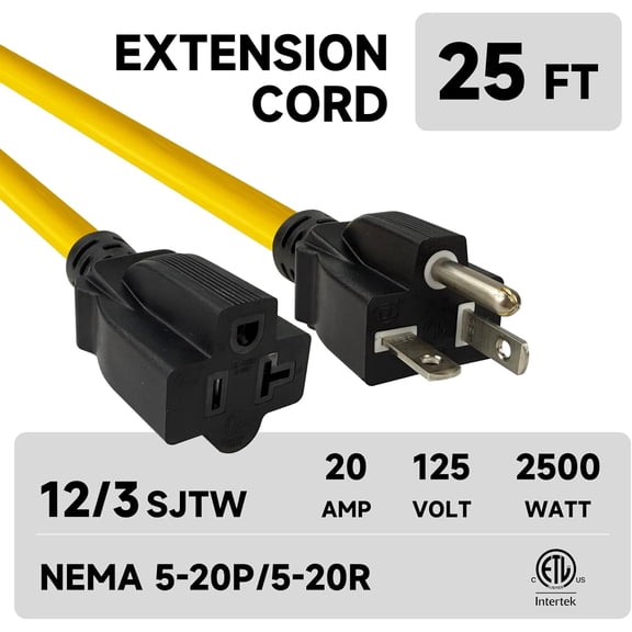 25 Ft 12 Gauge Outdoor Extension Cord with T-Blade Plug, Heavy Duty NEMA 5-20 P/R Power Cord, 20A 250V 12/3 SJTW Cable for Lawn, Garden, Appliance, Yellow