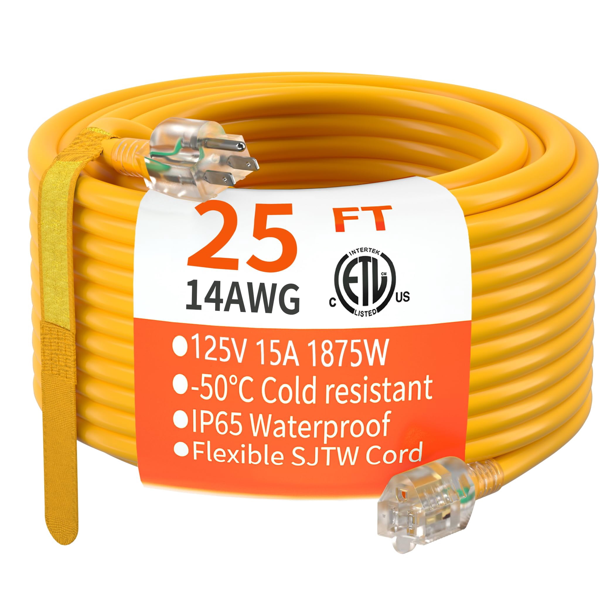 25 Ft 14/3 Gauge Heavy Duty Outdoor Extension Cord Waterproof With Lighted  Flexible Cold Weather 3 Prong Electric Outside 15a 1875w 125v 14awg Sjtw Yellow Etl Listed