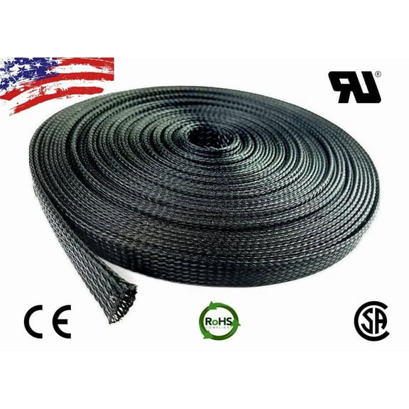 25 Ft 3/8" Black Expandable Wire Cable Sleeving Sheathing Braided Loom Tubing Us