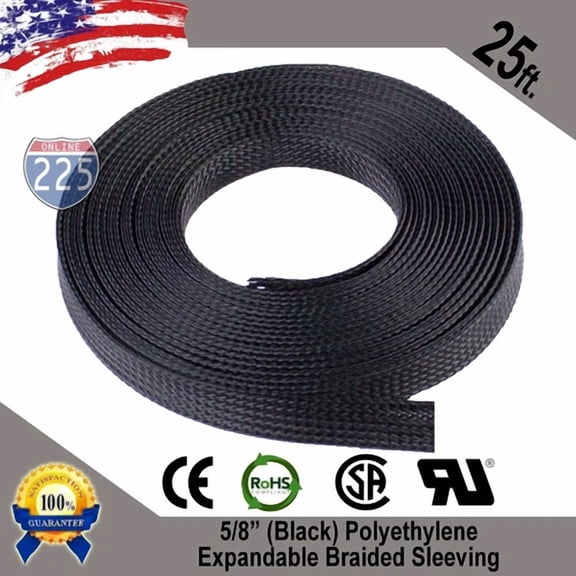 25 Ft. 5/8" Black Expandable Wire Cable Sleeving Sheathing Braided Loom Tubing