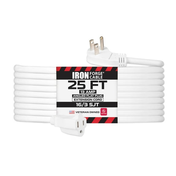 Iron Forge Cable 25 ft Angled Flat Plug White Extension Cord - 16/3 SJT 3 Prong Indoor Extension Cord 13 Amp, 45¡ Angle Flat Plug