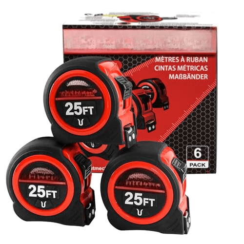 25 Ft Heavy Duty Tape Measure with Fractions & Magnetic Hook, 6-Pack Professional Retractable Measuring Tape for Construction, Carpentry, Contractors, Workshop & DIY 25001$$Tools