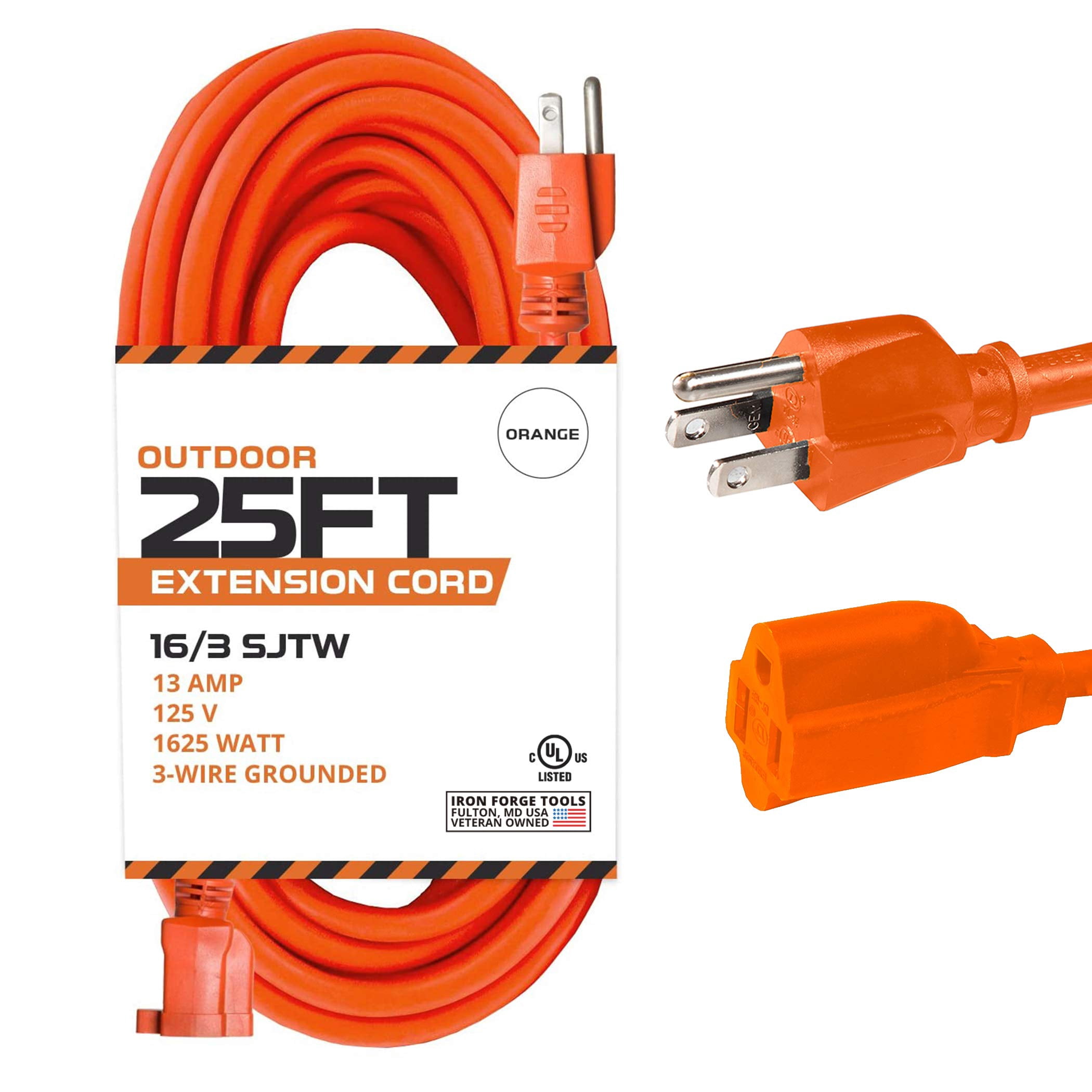 Iron Forge Cable Weatherproof 25 Ft Outdoor Extension Cord - 16/3 SJTW 13 Amp Heavy Duty Highly Visible Orange Extension Cord 3 Prong - Lighted End