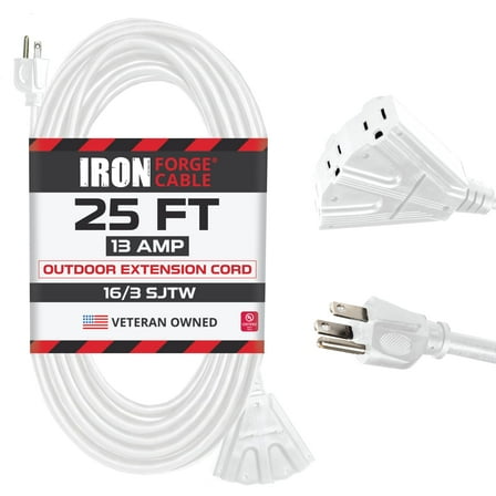 Iron Forge Cable 25ft White Outdoor Extension Cord with 3 Outlets - 16/3 SJTW 25ft Extension Cord 3 Prong, 13 Amp All-Weather Heavy Duty Power Cable