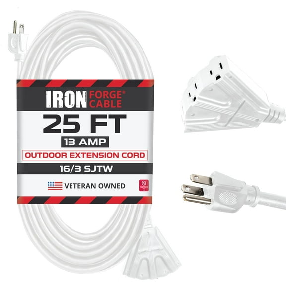 Iron Forge Cable 25ft White Outdoor Extension Cord with 3 Outlets - 16/3 SJTW 25ft Extension Cord 3 Prong, 13 Amp All-Weather Heavy Duty Power Cable