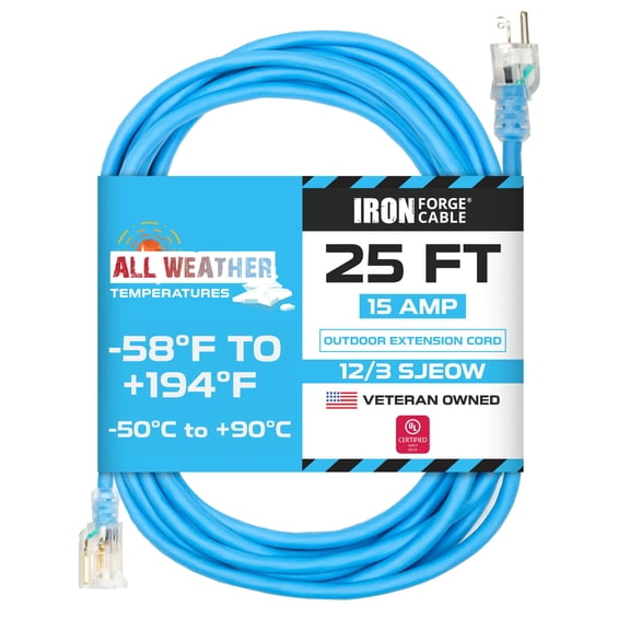 25 Ft All Weather Extension Cord - Stays Flexible in Extreme Cold Hot Temperatures from -58 to +221 - 123 SJEOW Heavy Duty Lighted Outdoor Extension Cable