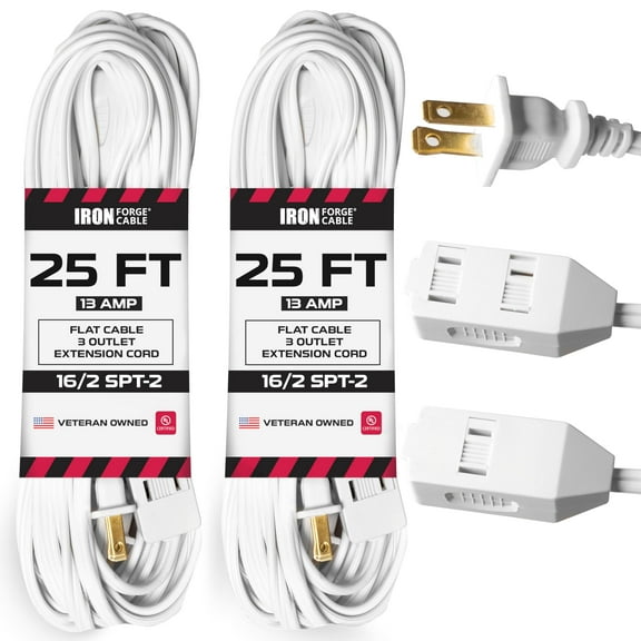 Iron Forge Cable 2 Pack 25 ft White Extension Cord with 3 Outlets - 16/2 SJTW 2 Prong Indoor Extension Cord with Multiple Outlets