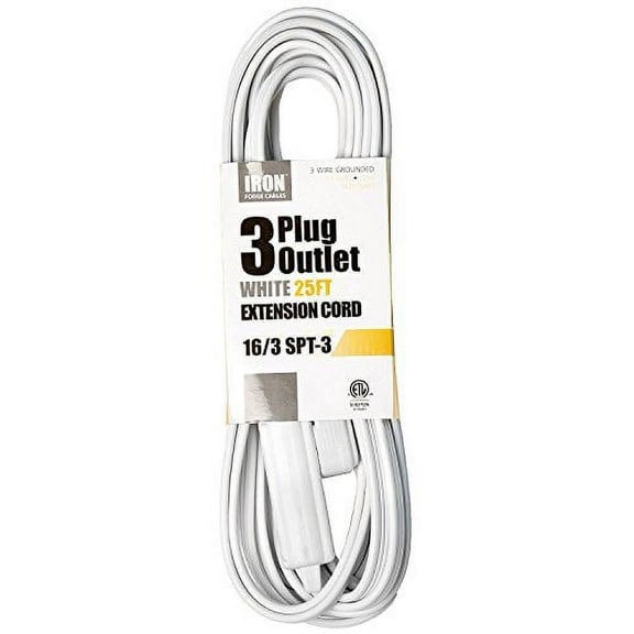 Iron Forge Cable 25 ft Flat Plug White Extension Cord with 3 Outlets - 16/3 SJTW 3 Prong Indoor Extension Cord with Multiple Outlets