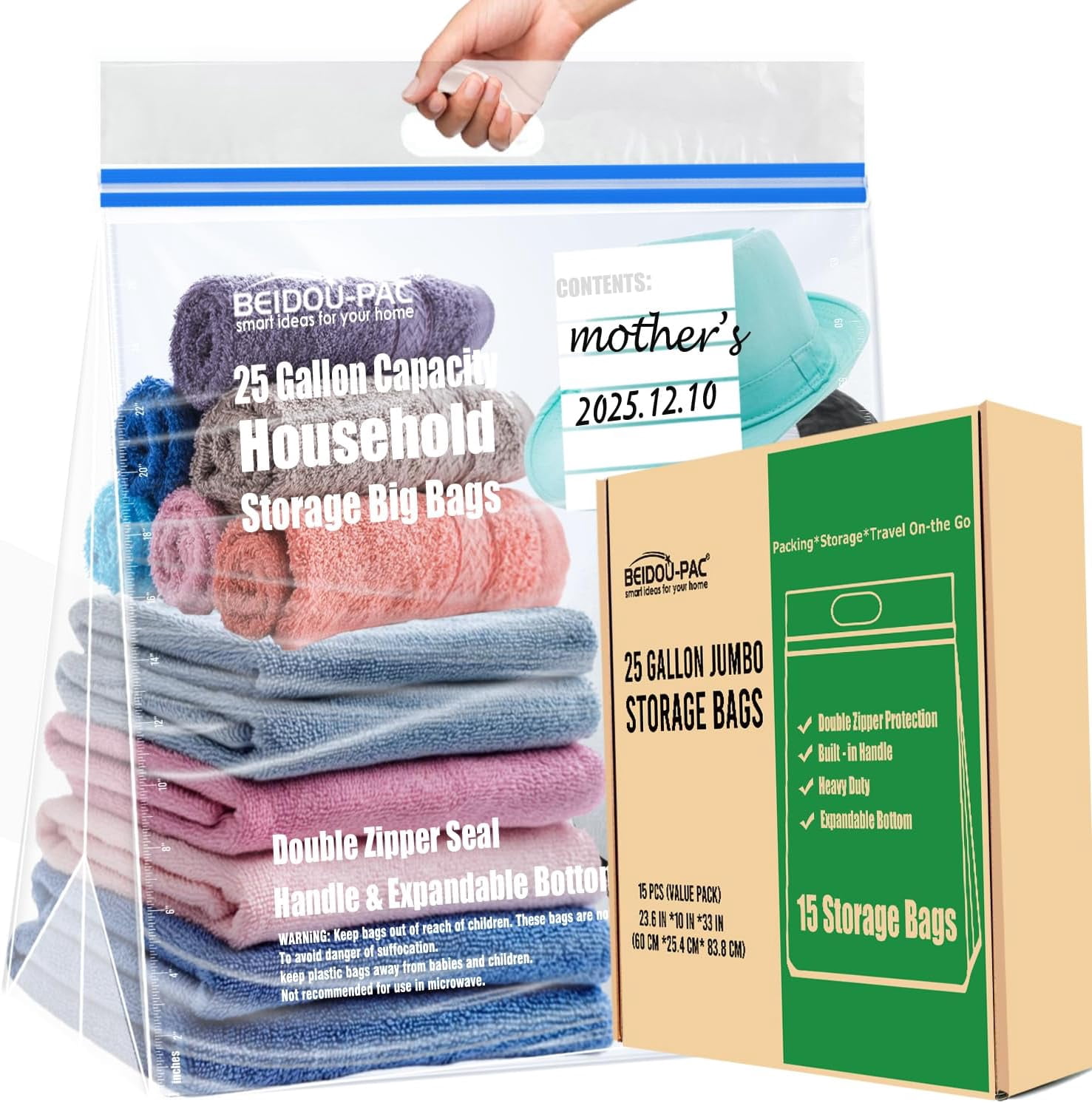 25 Gallon Jumbo Storage Bags with Handle, 15 Count | Double Zipper Seal ...