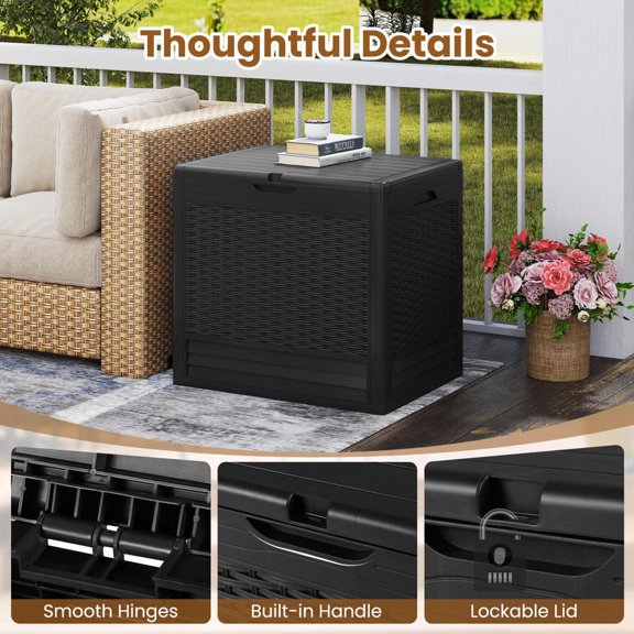 25 Gallon Outdoor Storage Box with Rattan Patterns, Black, Pp Material, Lockable Lid