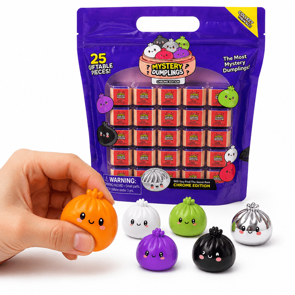 25 Giftable Pieces Mystery Dumpling Squishies, 6 Collectible Styles Mini Soft Food Stress Relief Toys with Rare Chrome Finish, Fun Halloween Goodie Bag Fillers