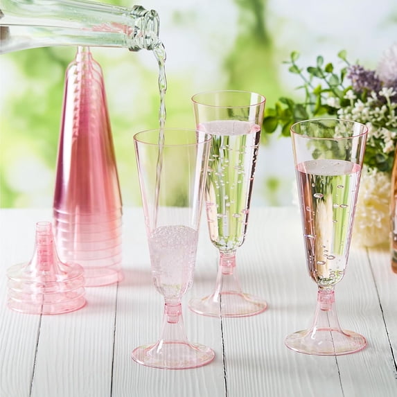 25 Glitter Pink Champagne Flutes Plastic Champagne Glasses 5.5 oz, Disposable Pink Plastic Wine Glasses, Copas De Plastico Para Brindis, Toasting Glasses for Wedding, Bridal Shower, Girl's Party