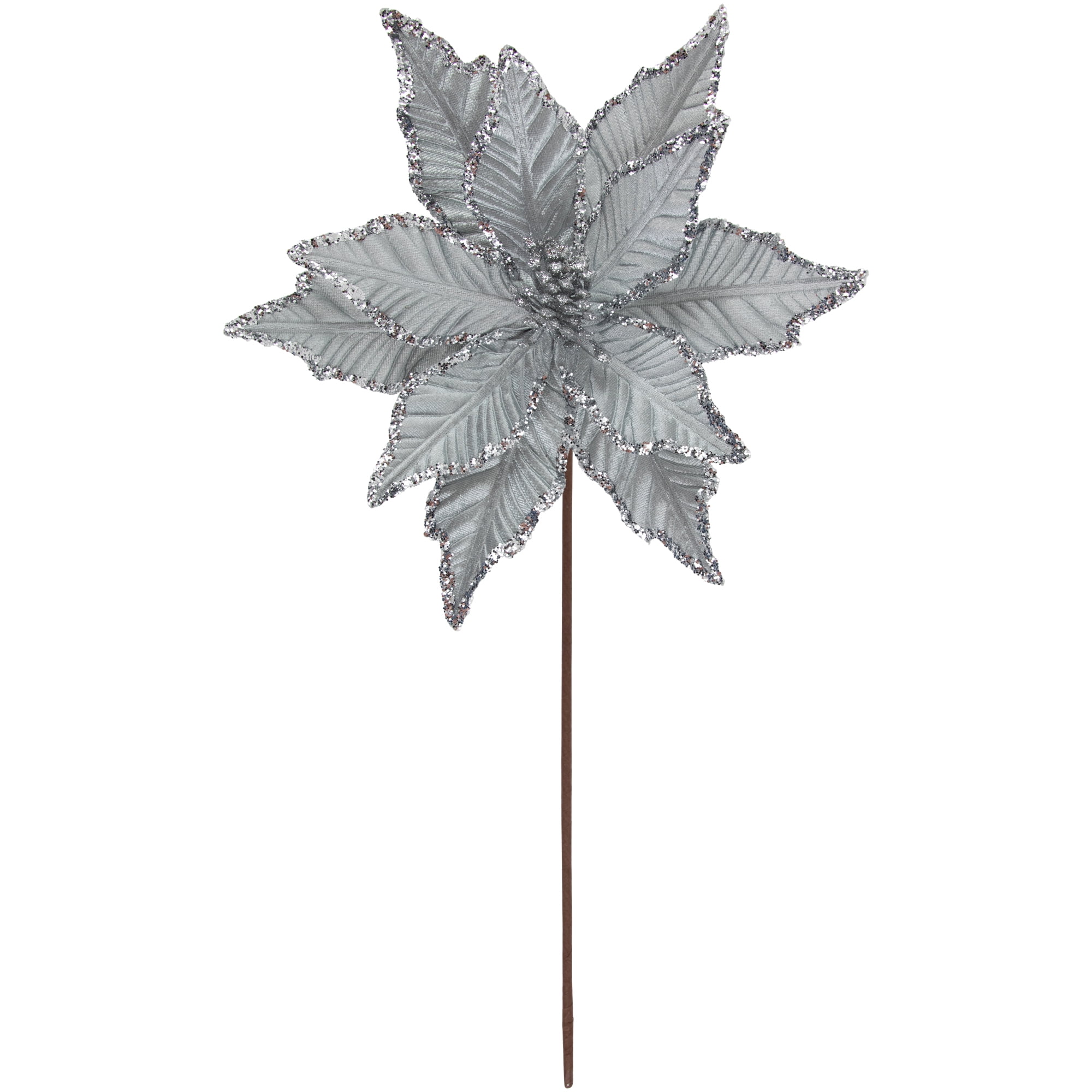 25" Glittered Silver Poinsettia Christmas Floral Pick