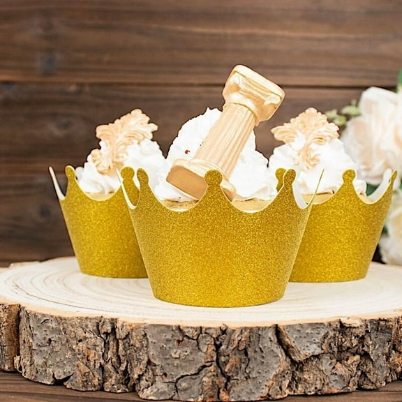 25 Gold Paper Cupcake Wrappers Glittered Crown Muffin Liners Party Decorations