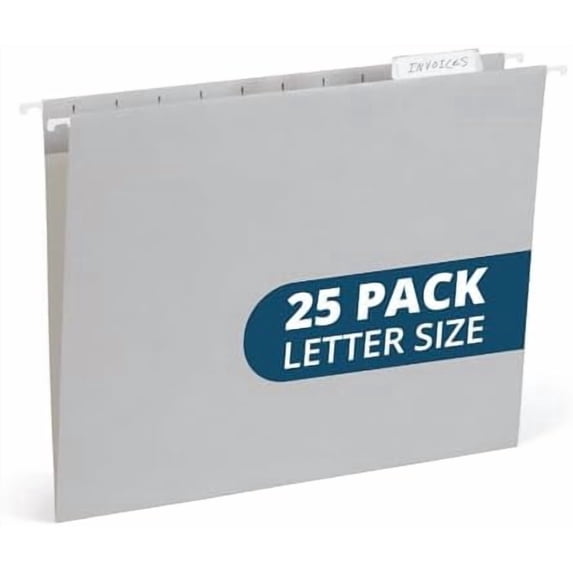 25 Grey Hanging File Folders Letter Size - Durable 11pt Paper, Hanging File Folders Gray, Plastic Tabs and Inserts Included, Perfect for Office Organization