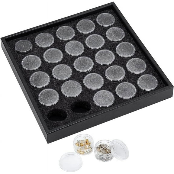 25 Grids Diamond Gemstone Display Box Round Storage Box Clear Small Round Plastic Containers Box with Lid Jewelry Organizer Container for Nail Rhinestone Small Items Jewelry Black