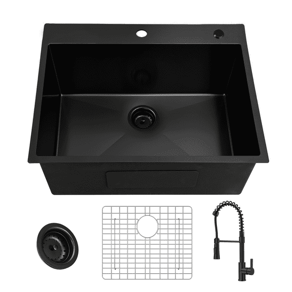25" Gunmetal Black Kitchen Sink, 16 Gauge NANO-PVD Drop In Sink with Faucet & Accessories